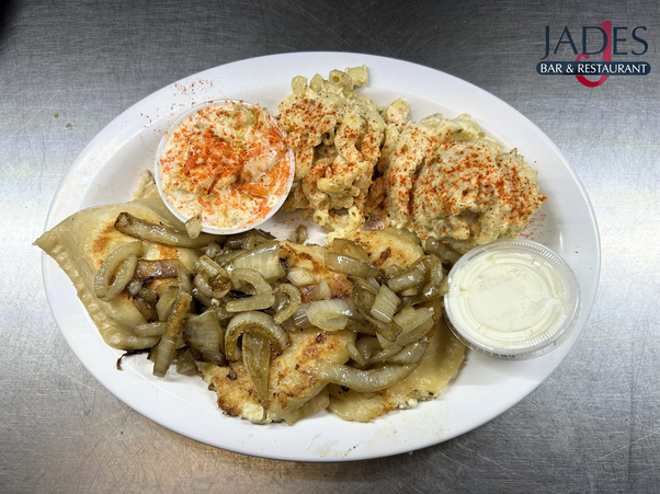 Pierogi Platter with onions and sides at Jades Restaurant in Depew, New York